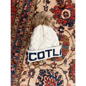 Aran Traditions Scotland Knit Beanie Cream Faux Fur Pom Fleece Lined Winter Hat